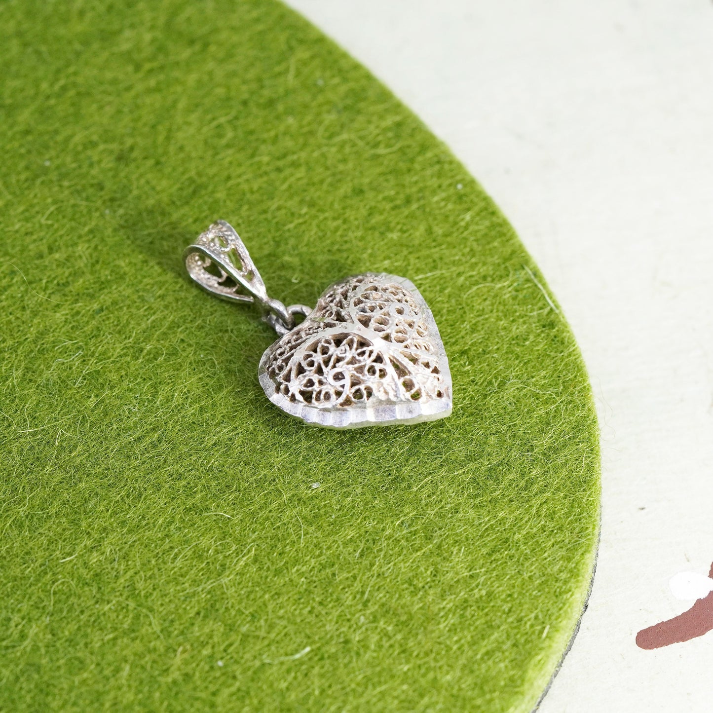 Vintage sterling silver handmade filigree pendant, 925 puffy heart charm