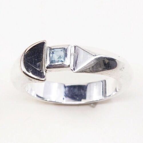 Sz 7.5, Vtg ECL Modern Sterling Silver Cocktail Ring, 925 W/ Blue topaz
