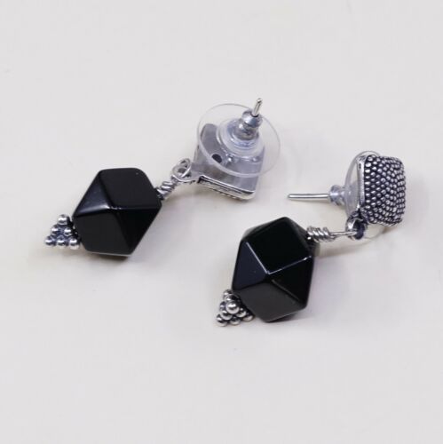 Vtg Modern Sterling Silver Handmade Earrings, 925 Silver W/ Obsidian Nugget