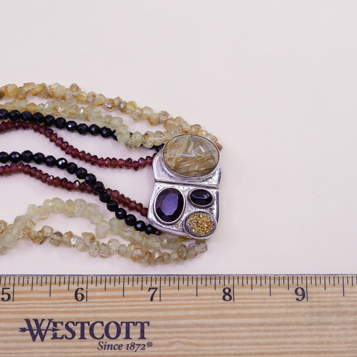 16”, sterling silver necklace, 925 tigers eye rutilated quartz citrine garnet