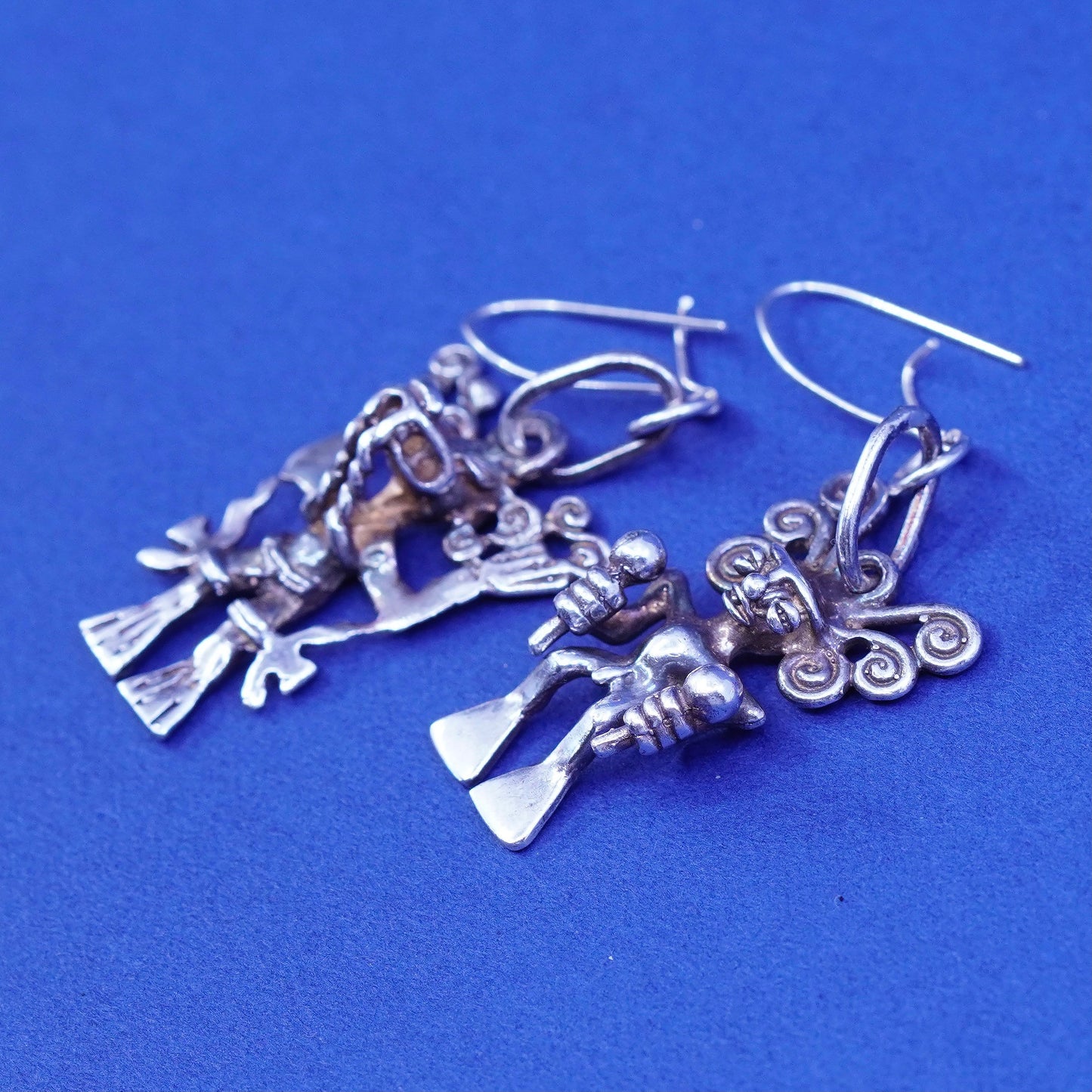 Vintage sterling silver handmade earrings, 950 filigree Peruvian god Incas