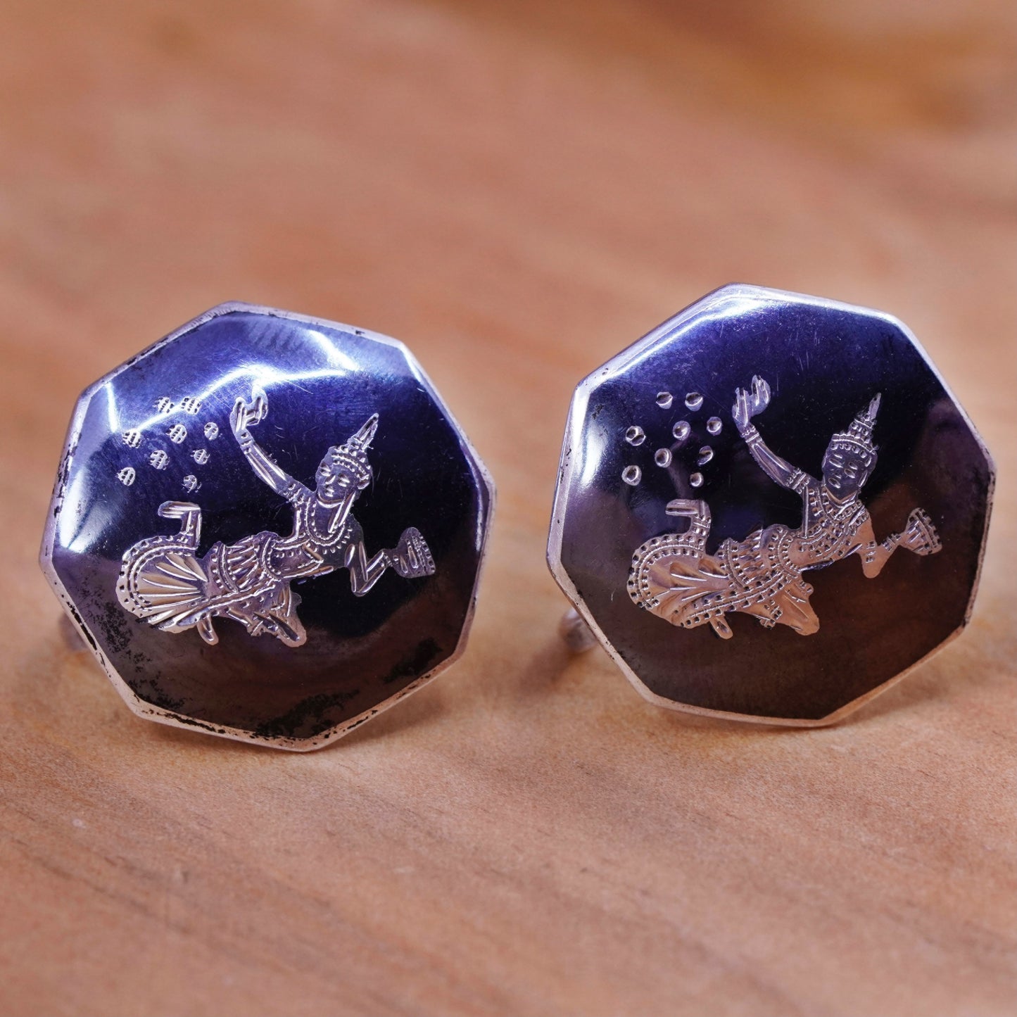 Siam sterling silver clip on earrings, 925 teardrop earrings, niello Siam