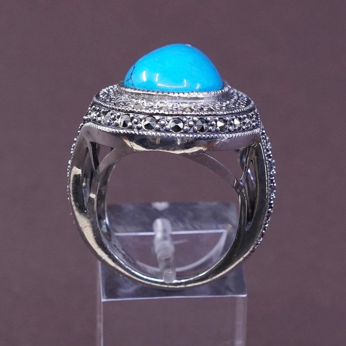 sz 7.25, Sterling silver handmade ring, 925 w/ teardrop turquoise and marcasite
