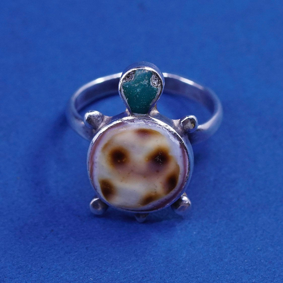 sz 7.25, Native American Sterling silver handmade ring, 925 turtle w/ turquoise