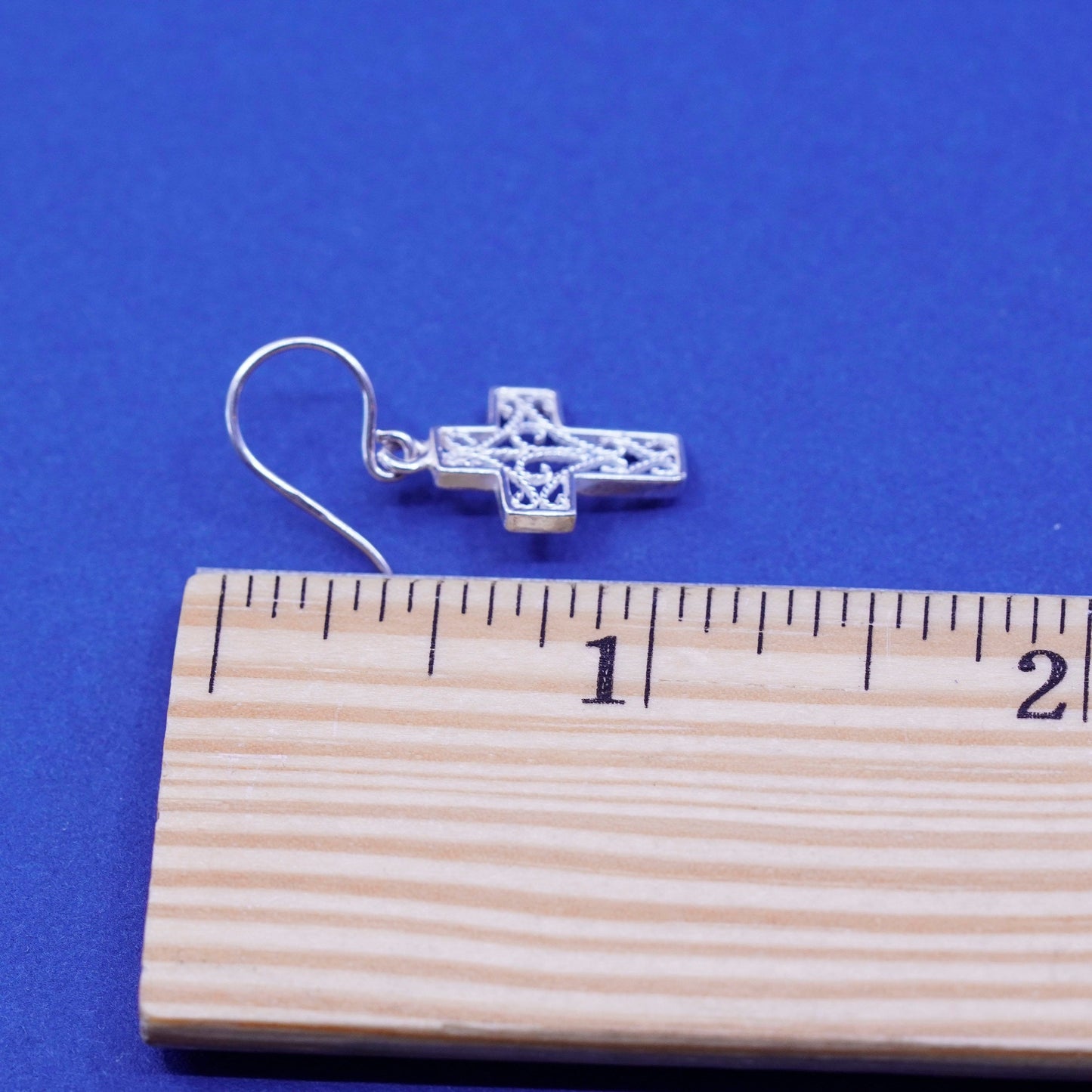 Vintage Sterling silver handmade earrings, 925 Bali filigree cross drops