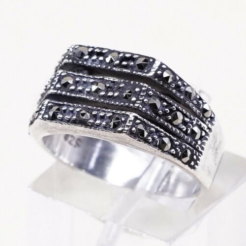 Sz 6, Vtg Sterling Silver Handmade Ring, 925 Silver Band marcasite details