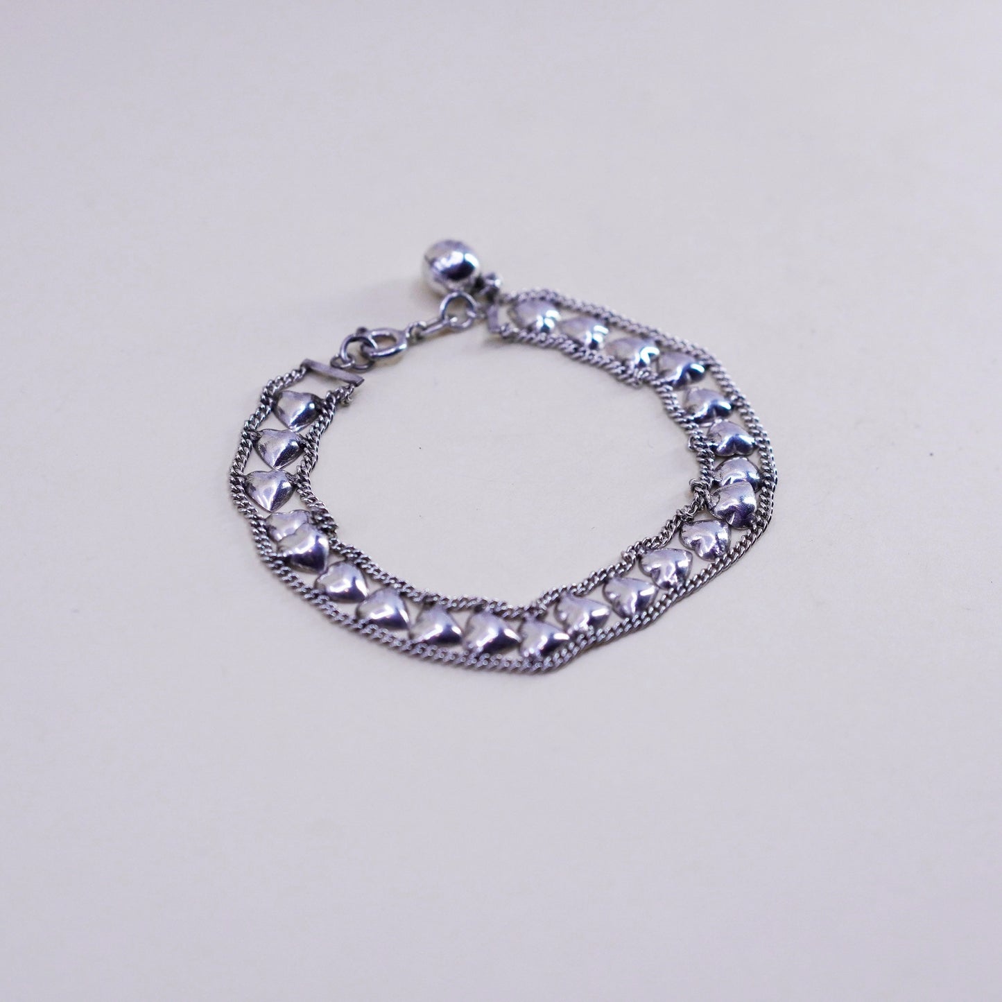 6.75”, Vintage sterling silver bracelet, 925 heart chain with chime bell charms