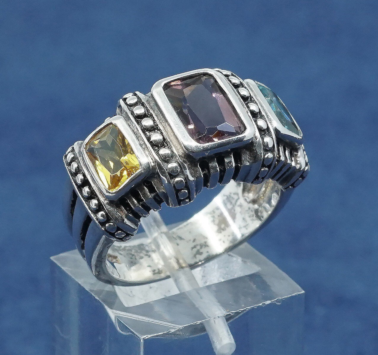 Size 7.5, vtg Sterling silver handmade ring, 925 w/ amethyst sapphire n citrine