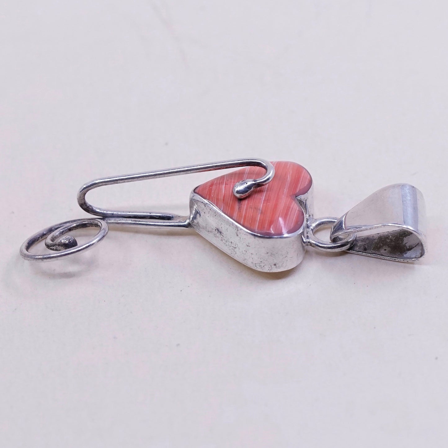 vintage handmade sterling silver pendant, Mexico 925 with heart orange agate