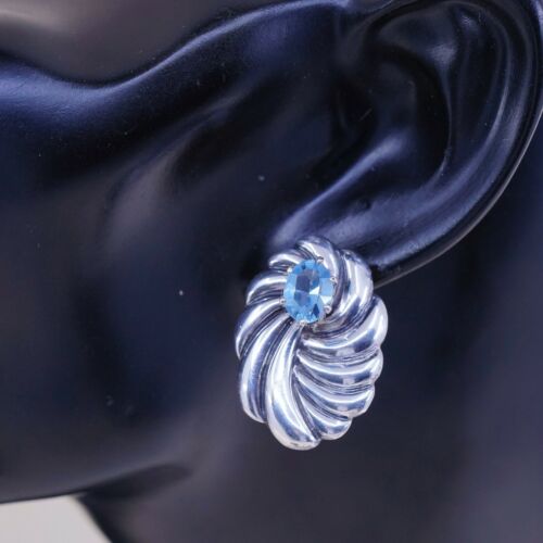 Vtg Ted Ott Native American Sterling 925 Silver Studs Earrings W/ Blue Topaz