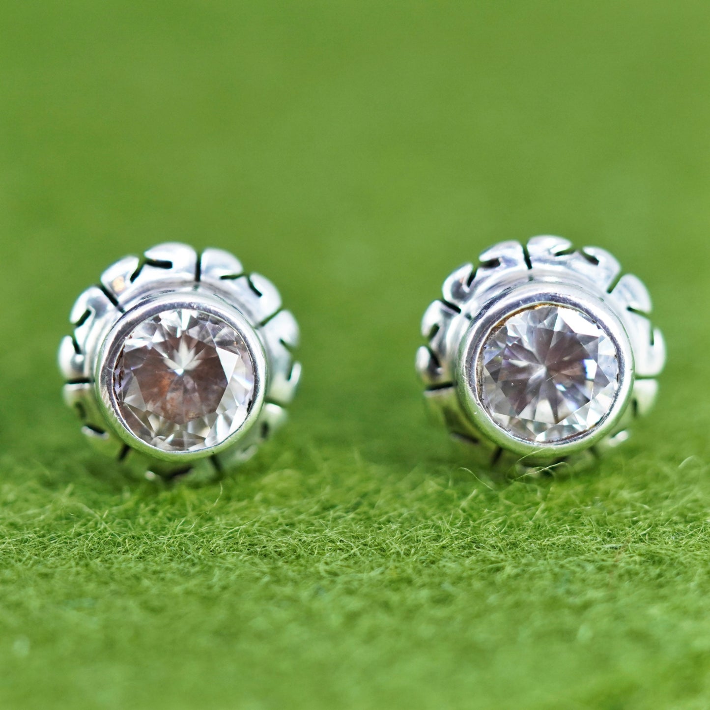 Vintage mexico sterling silver handmade square clear CZ studs, 925 earrings