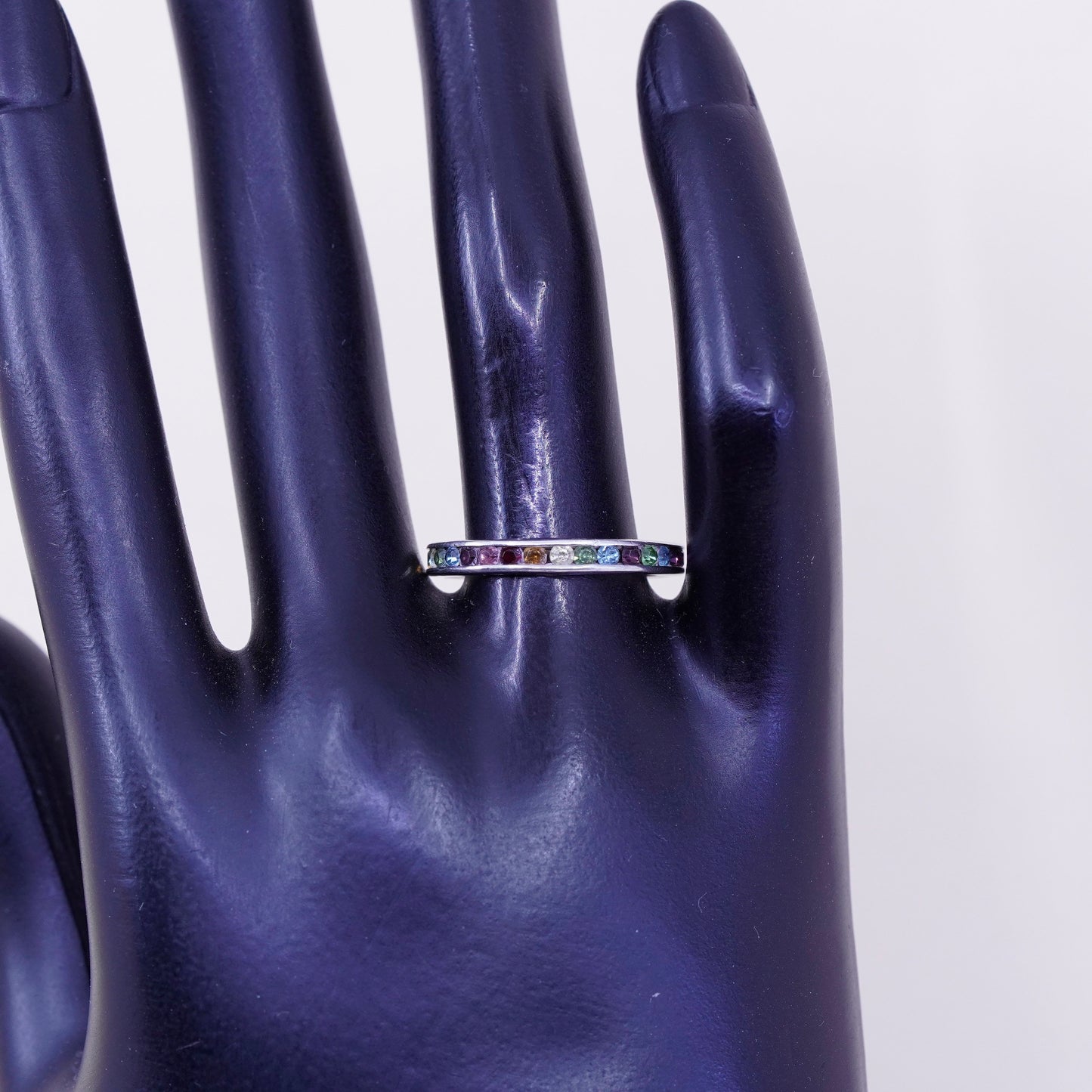 Size 8.25, Sterling 925 silver stackable ring, wedding band with colorful CZ