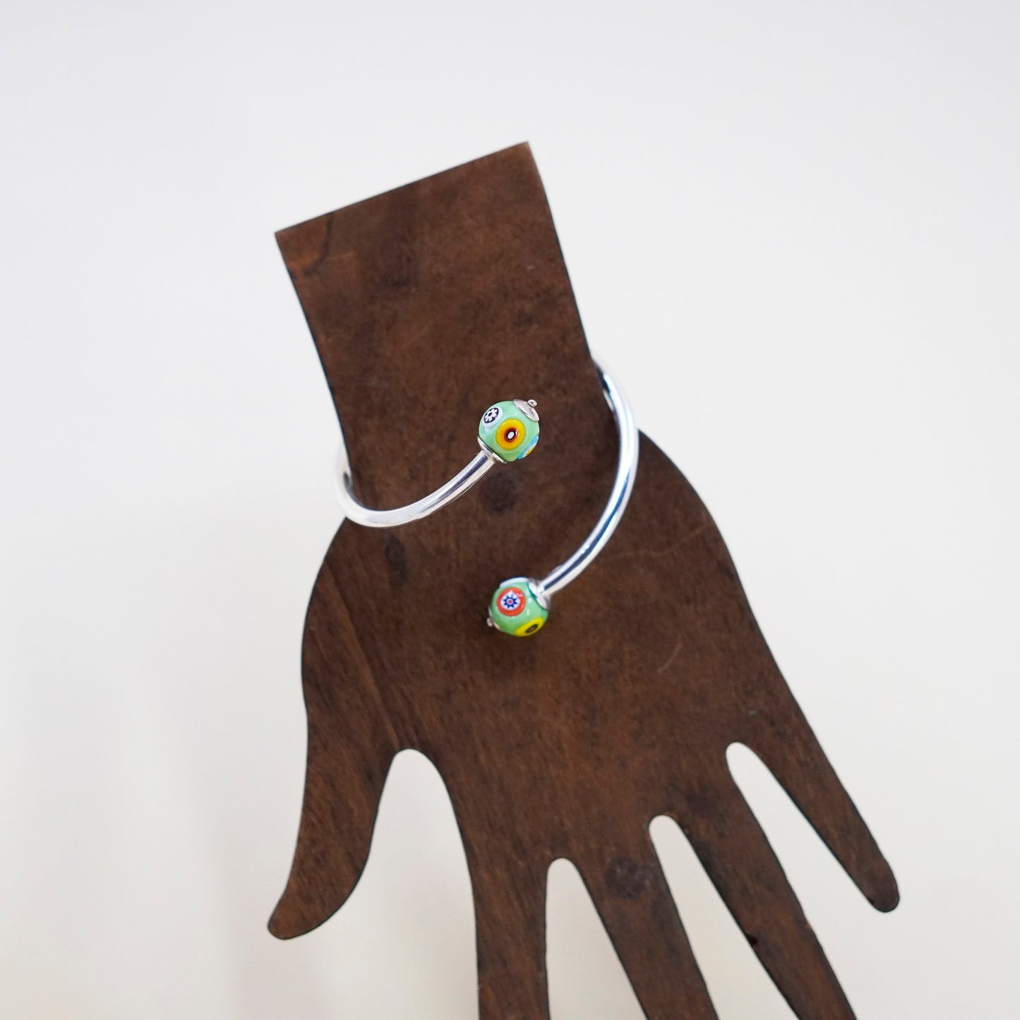 6.75”, sterling silver bracelet, 925 cuff wrap bangle with murano floral glass