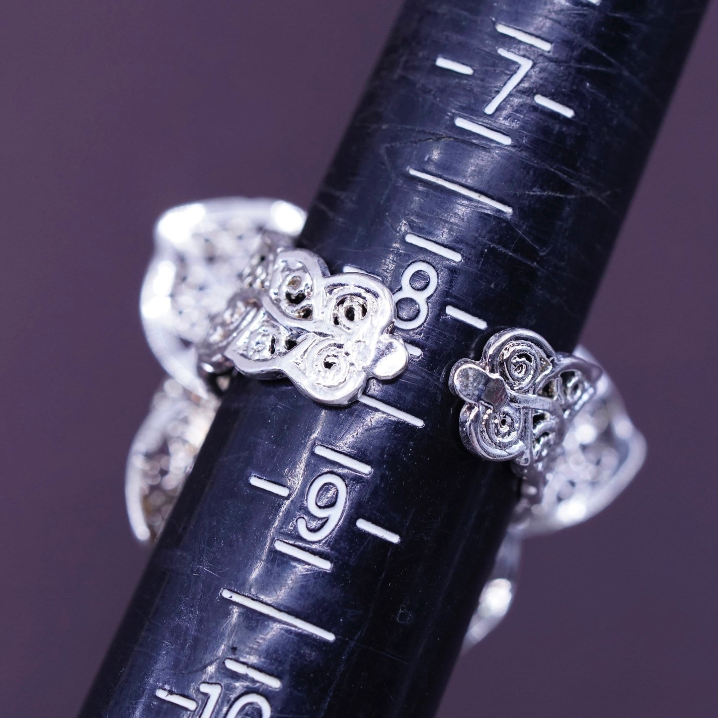 sz adjustable, vtg Sterling silver handmade cocktail ring, 925 filigree flower