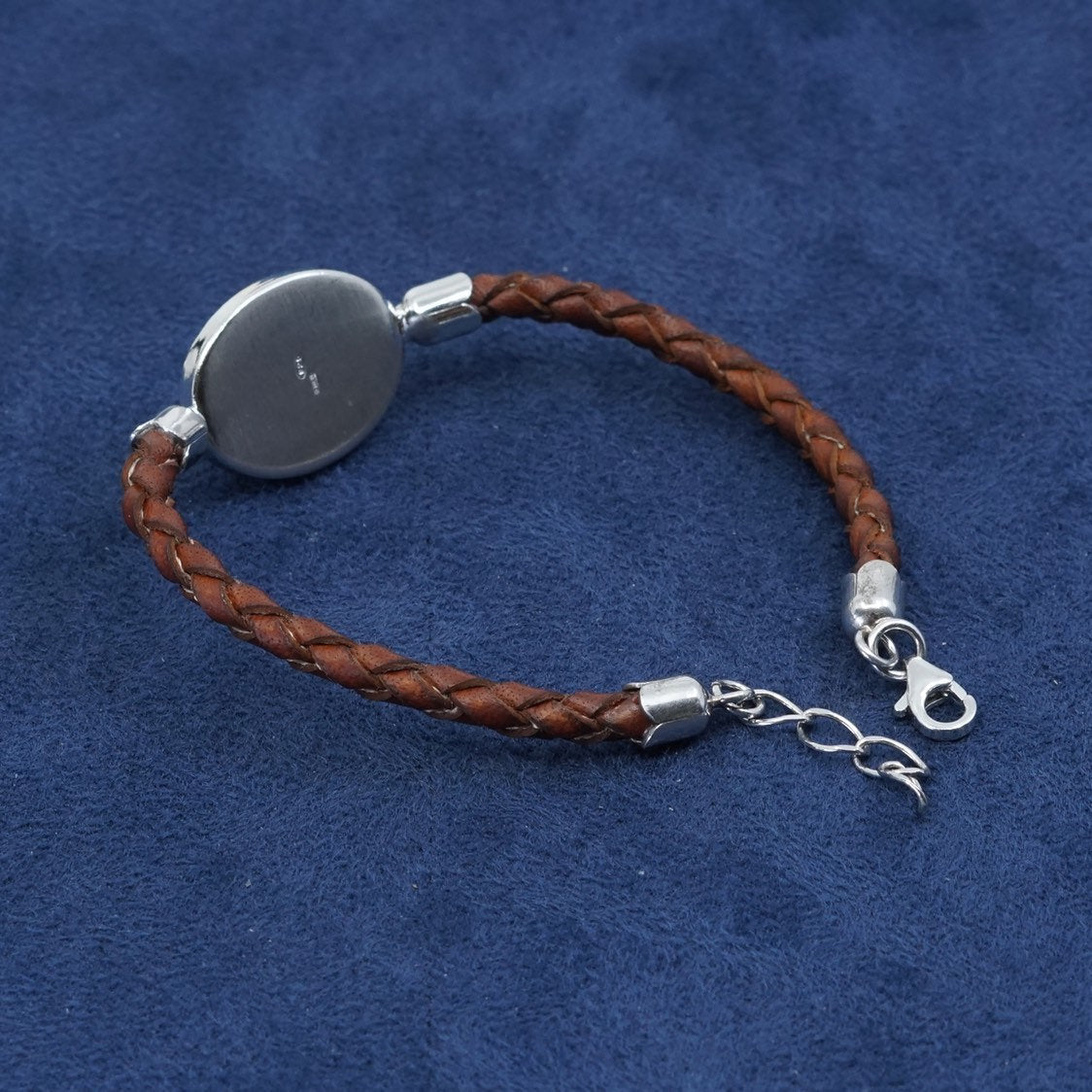 7”+1”, vtg Sterling silver handmade bracelet, 925 bangle w/ brown leather