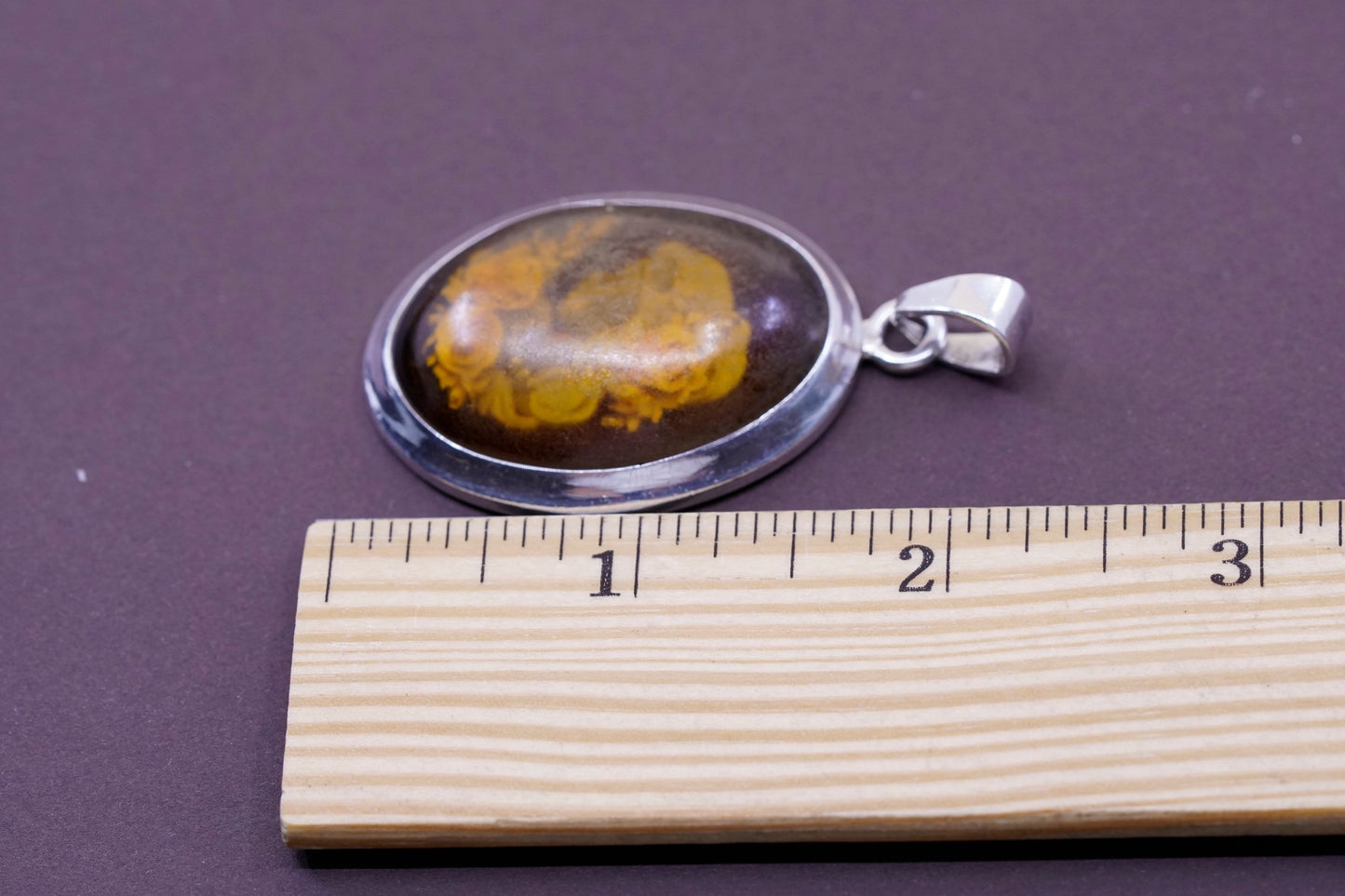 Vintage Sterling 925 silver handmade pendant with Amber cameo portrait
