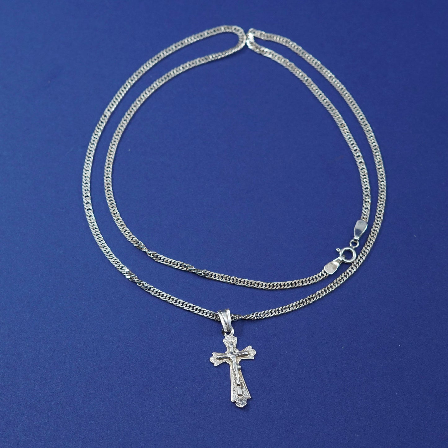 24”, 3mm, Sterling silver necklace, 925 curb chain cross pendant relief Jesus