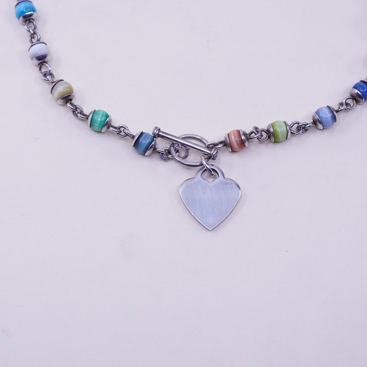 16”, sterling silver handmade necklace, colorful tiger eye beads heart charm