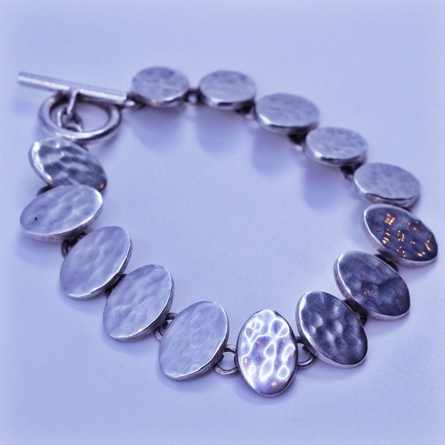 7.5”, vintage Sterling 925 silver handmade bracelet, hammered oval link chain