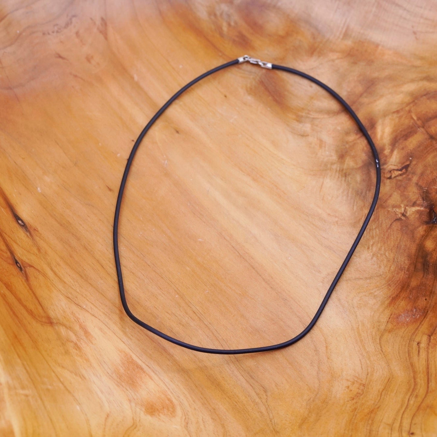 18”, vtg handmade necklace, black rubber thread choker sterling silver clasp