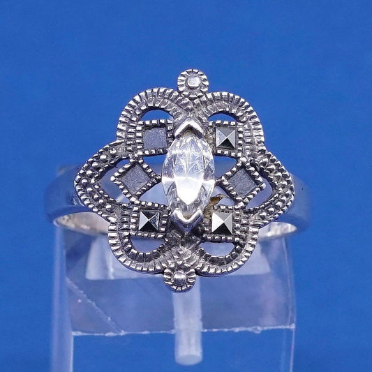 sz 8.25, vtg Sterling silver handmade ring, 925 band w/ marcasite