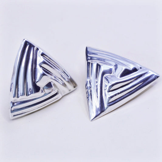 vintage Modern handmade Sterling clip on, 925 triangular Ribbed earrings