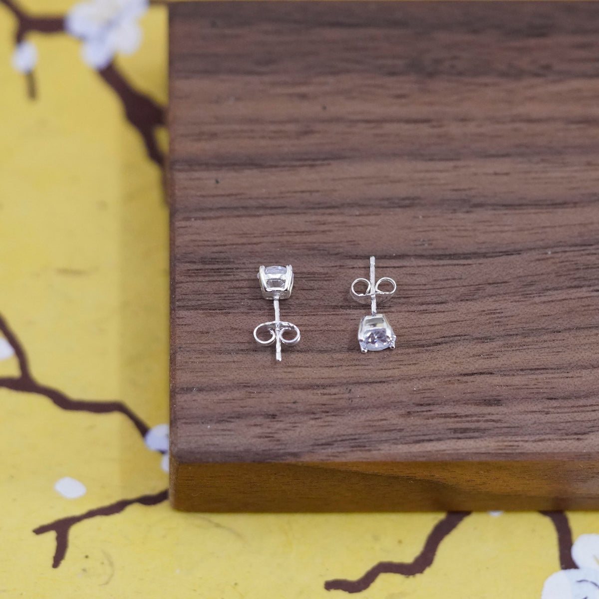 4mm, vintage Sterling silver clear round crystal studs, cz earrings