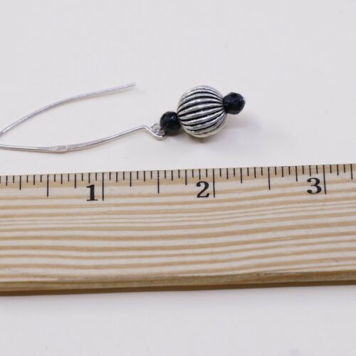 Vtg Mexico Sterling Silver Handmade Earrings, 925 Ribbed Bead W Dangles