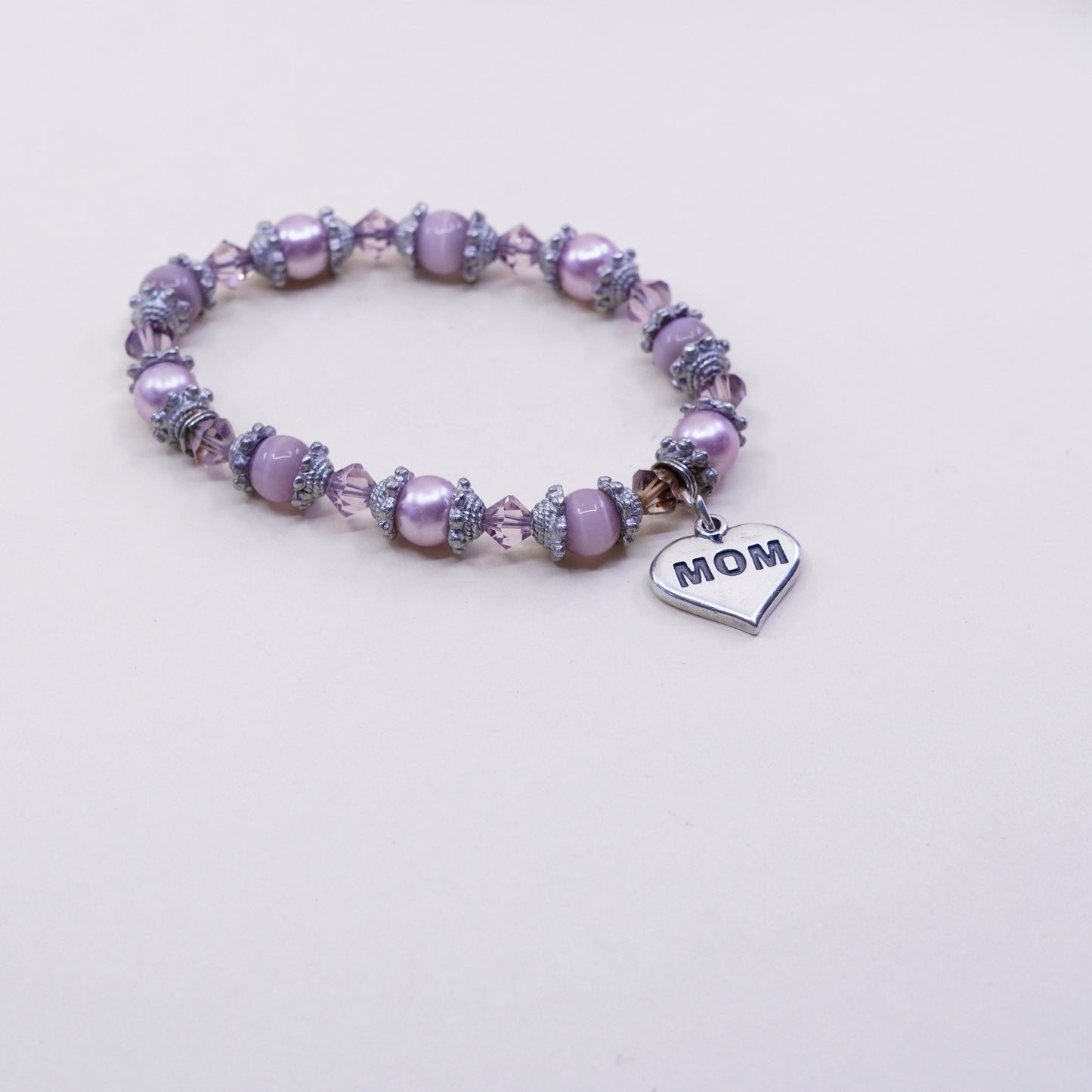 6.5”, bracelet pink pearl cat eye beads w/ elastic band sterling 925 silver