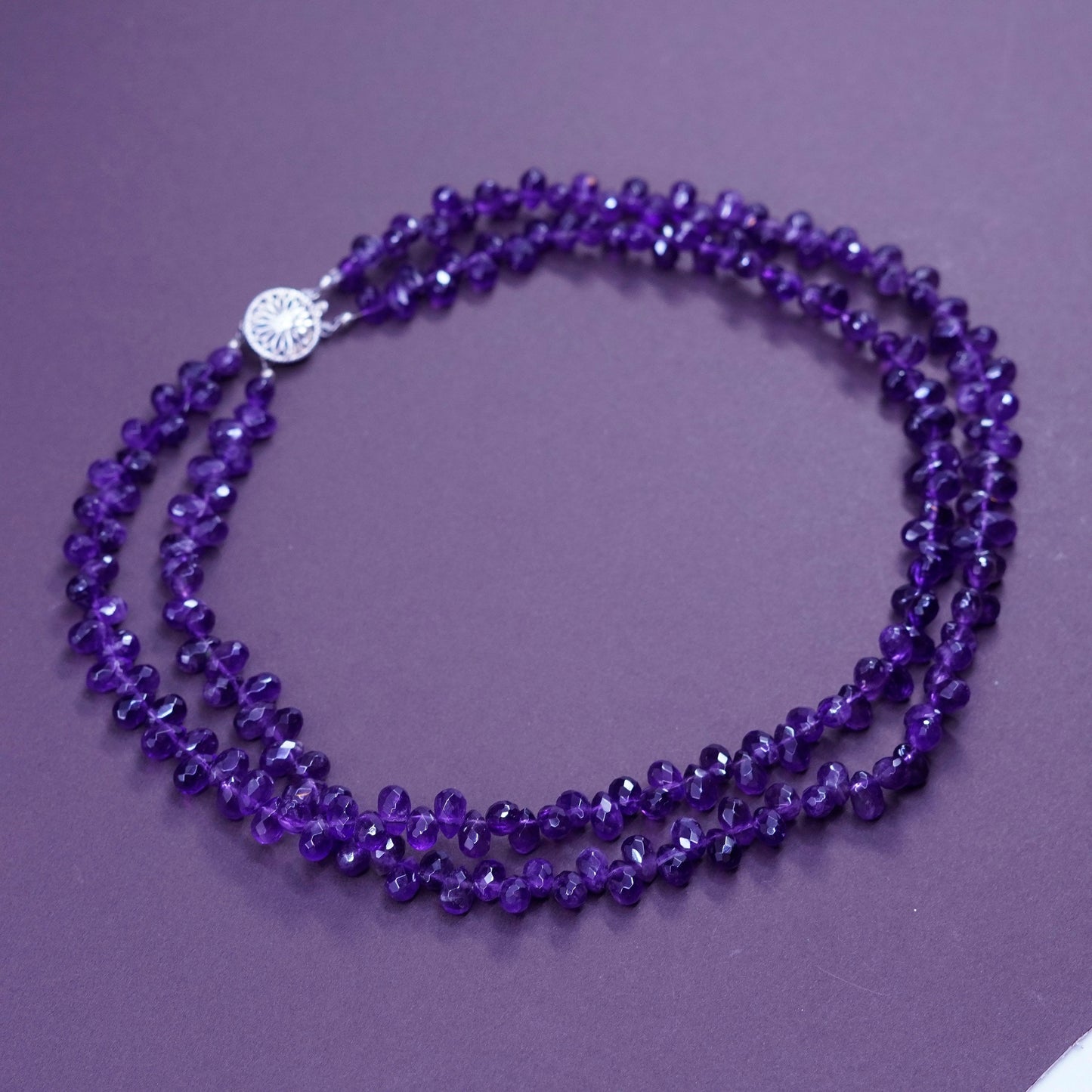 16”, vintage sterling silver handmade necklace with double amethyst strands