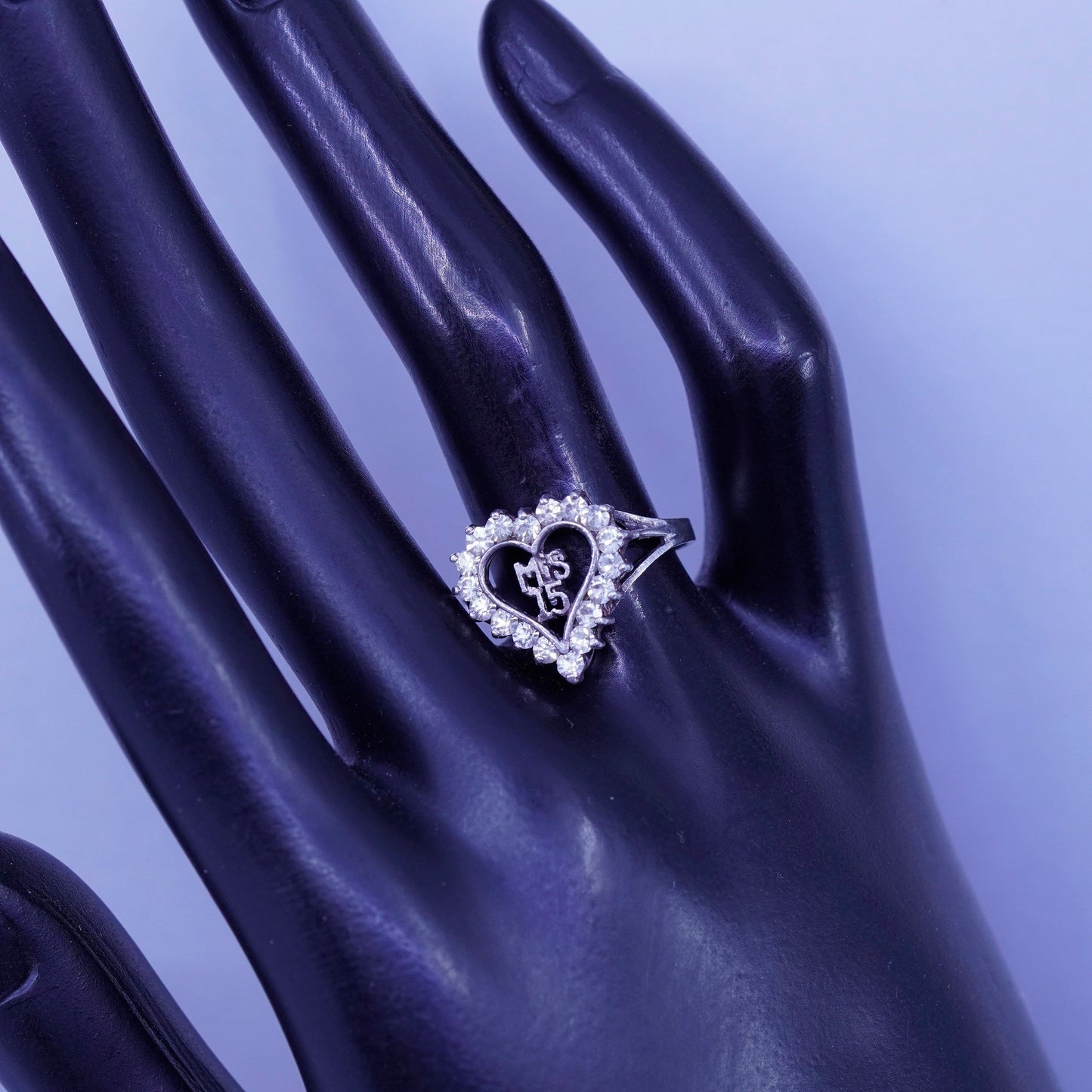 Size 7.5, vintage Avon Sterling 925 silver engagement ring with Cz and “mis 15”