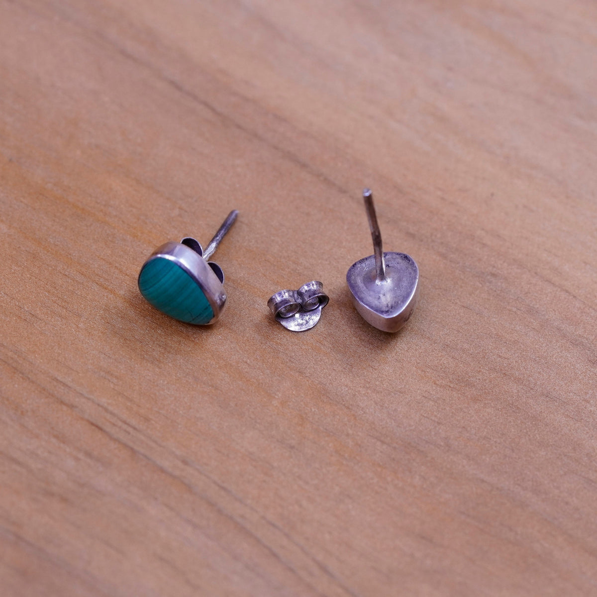 Vintage Mexico Sterling silver handmade earrings, 925 oval studs with malachite