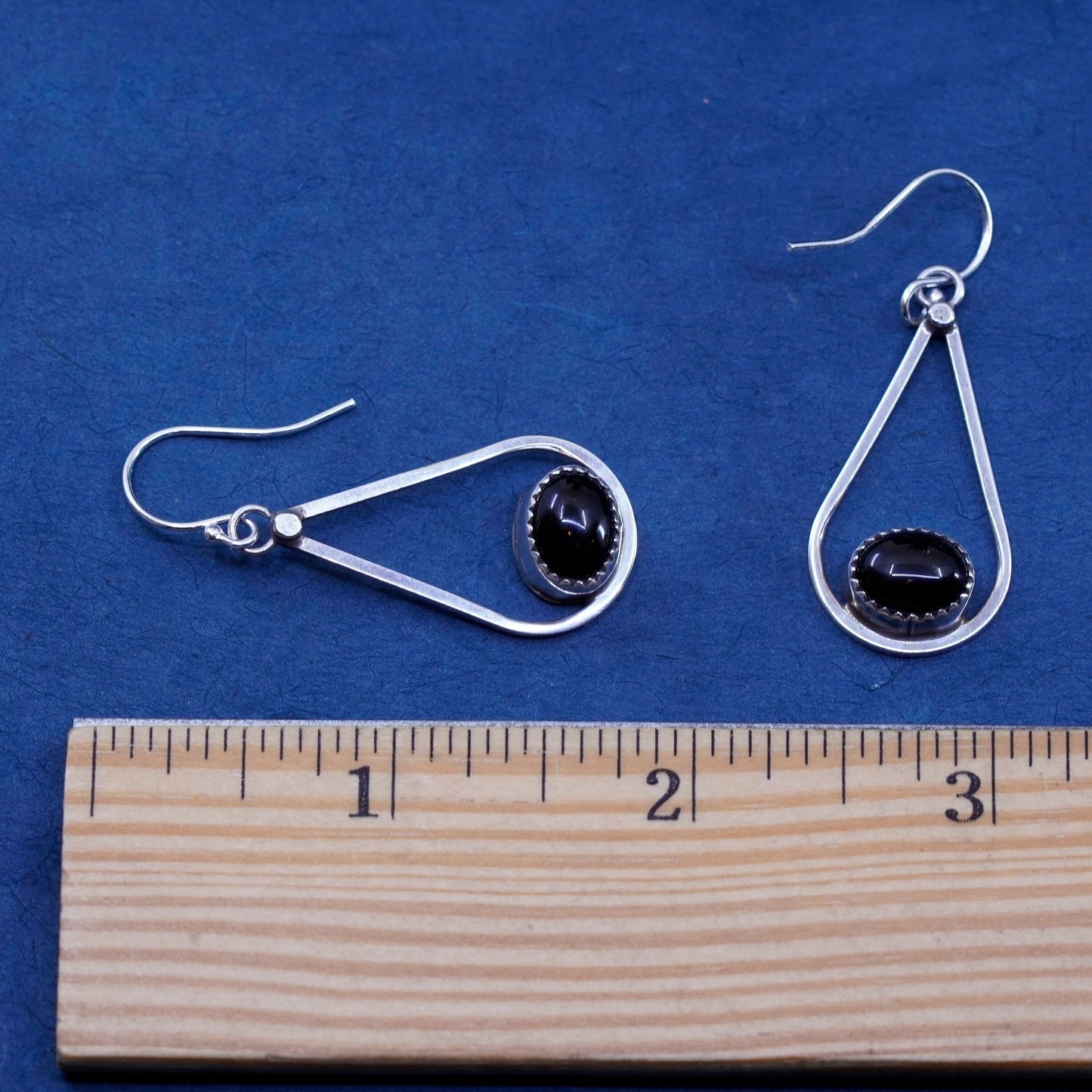 Native American AMB sterling 925 silver handmade teardrop earrings w/ obsidian