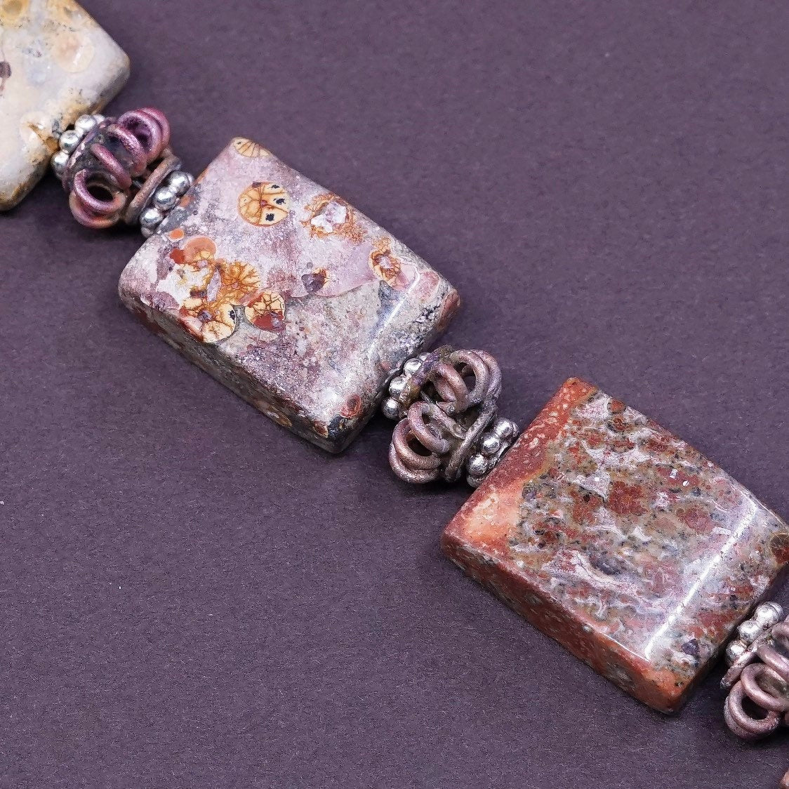 7.75”, vtg Sterling silver handmade chain, 925 beads w/ Jasper nuggets bracelet