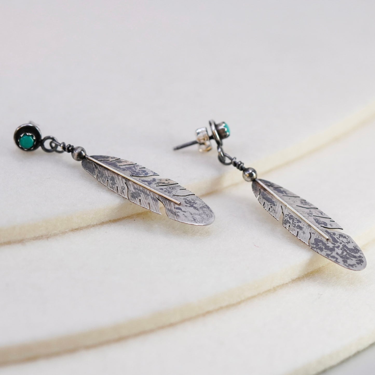Navajo Native American Sterling 925 silver earrings turquoise feather dangles