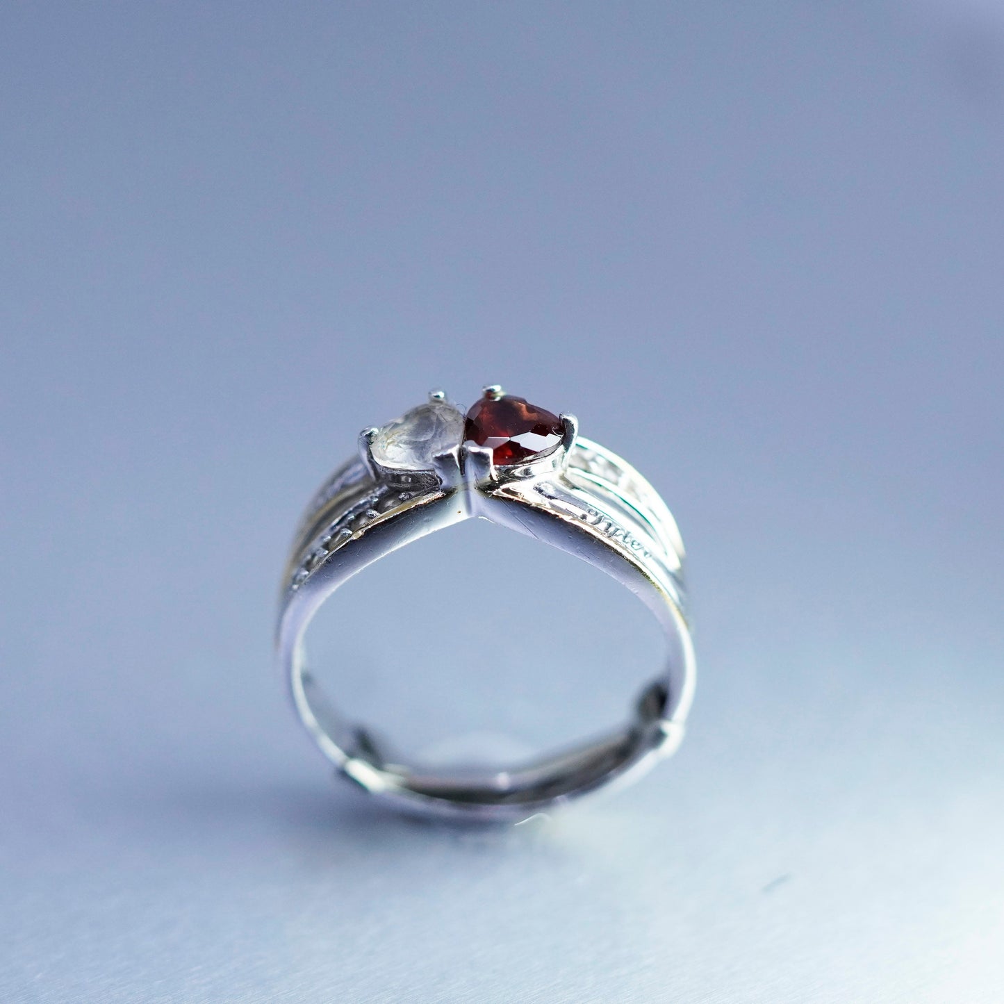 Size 8, Sterling 925 silver ring with ruby rose quartz engraved “Kayla Tyler”