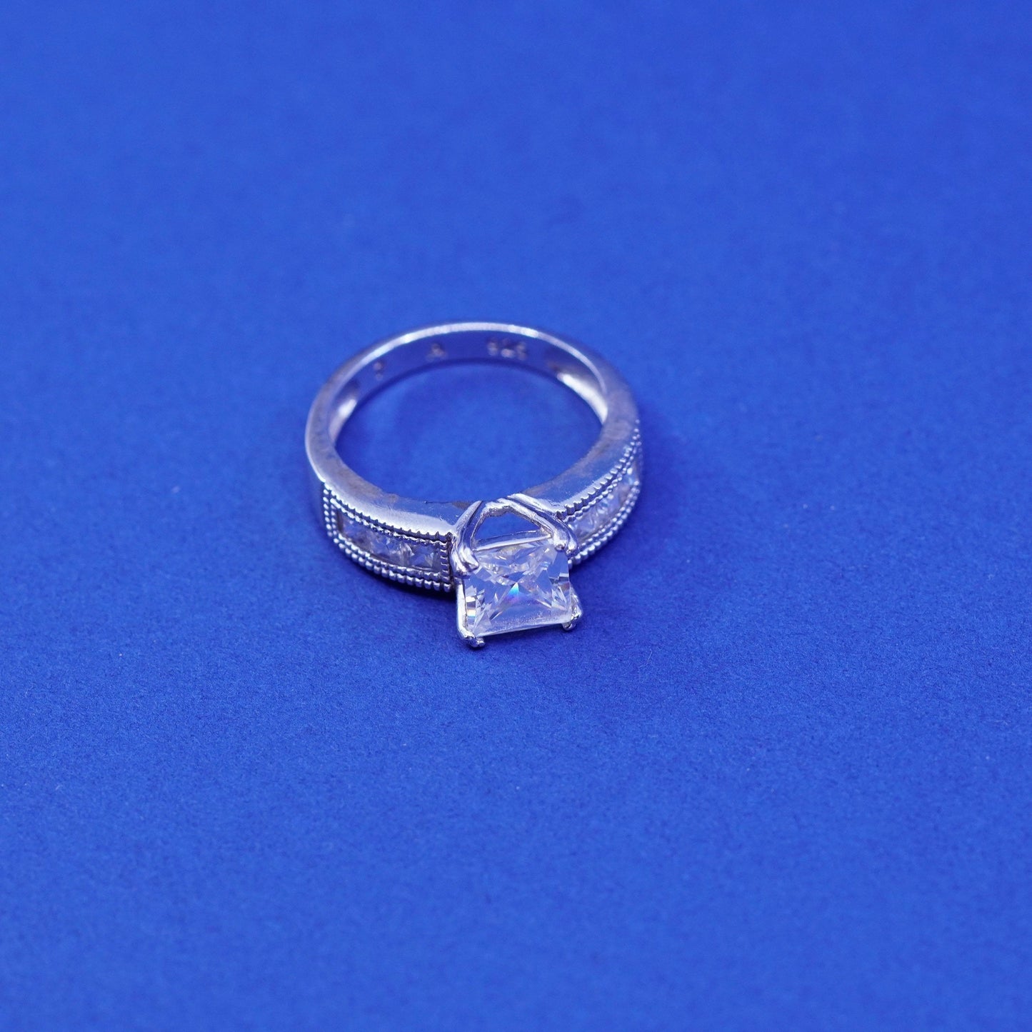 Size 7.5, vintage Sterling 925 silver ring with cluster crystal, engagemen