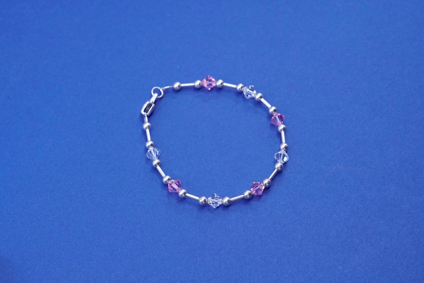6.75”, vintage sterling 925 silver handmade bracelet with pink crystal beads