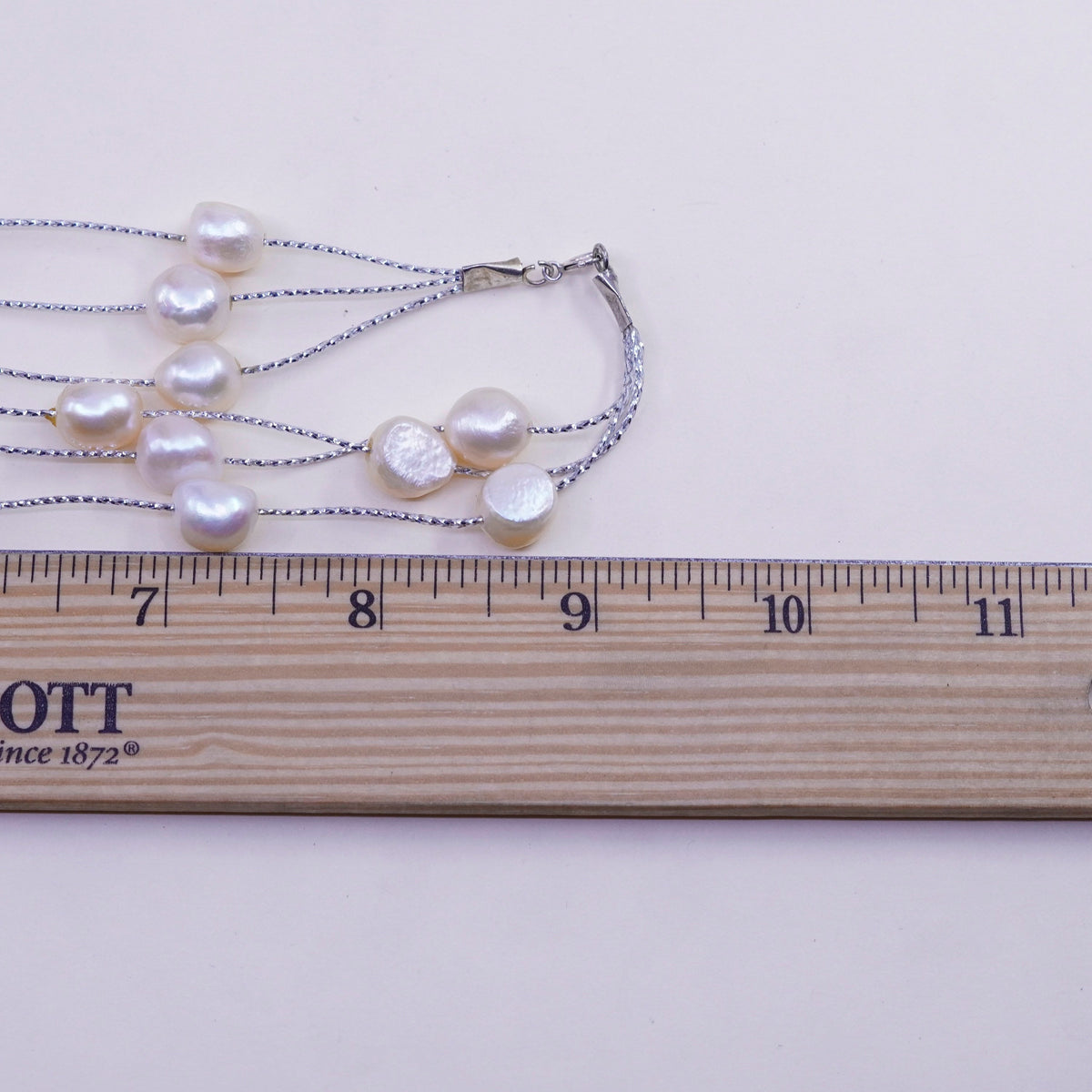 17”, Vintage handmade multi strands Sterling silver wheat chain pearl beads