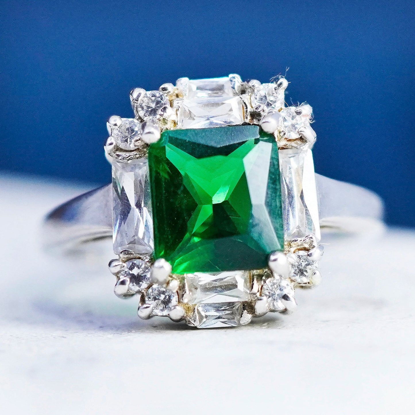 Size 9.25, vintage sterling 925 silver handmade ring with emerald and cz