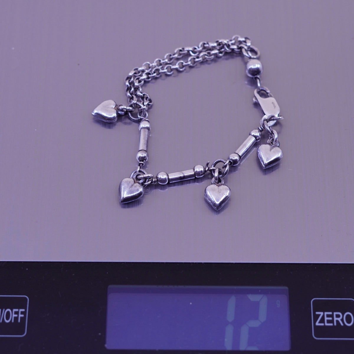 7”, sterling 925 silver circle bracelet, strands circle chain and heart charms