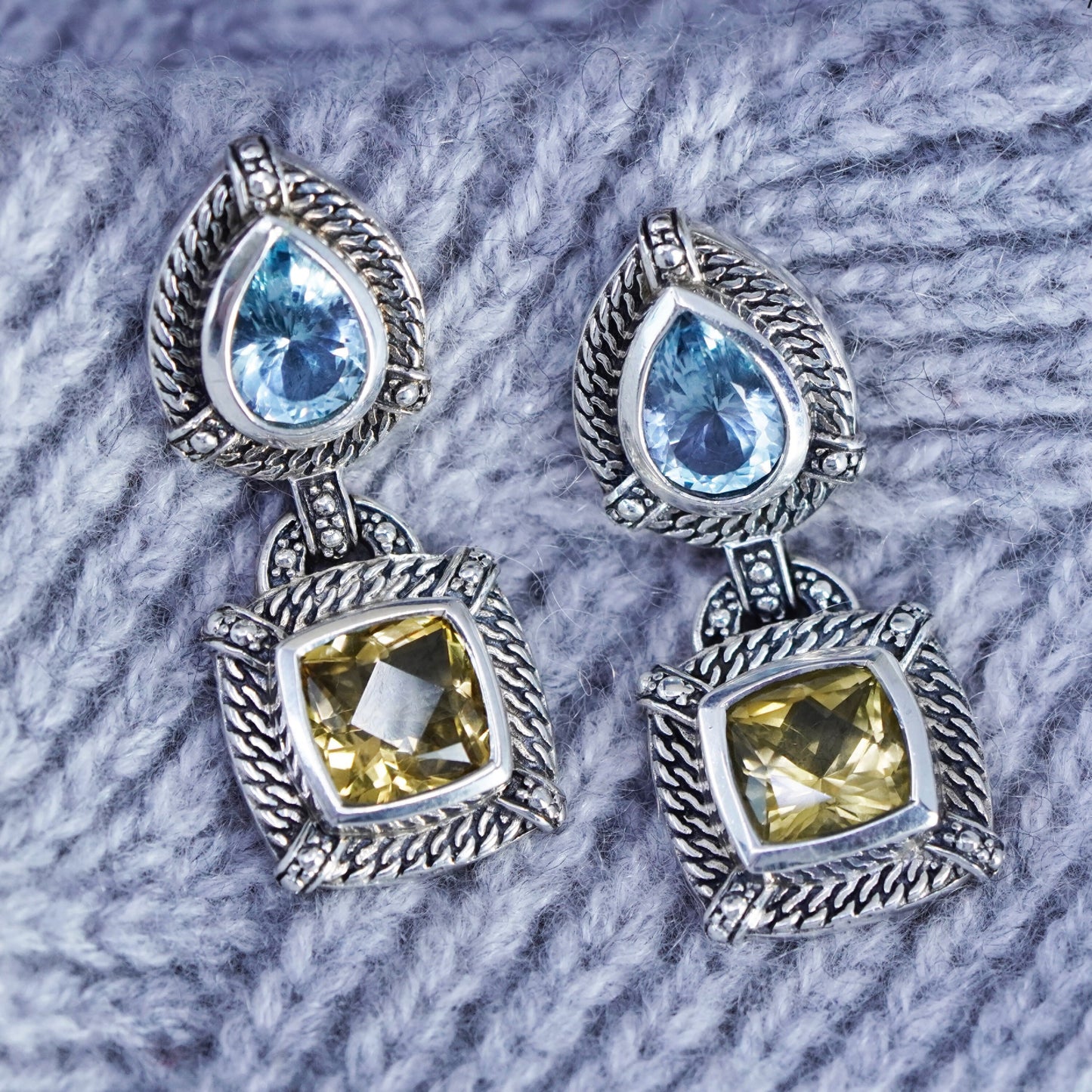 Vintage Sterling 925 silver handmade earrings with citrine and topaz and cable
