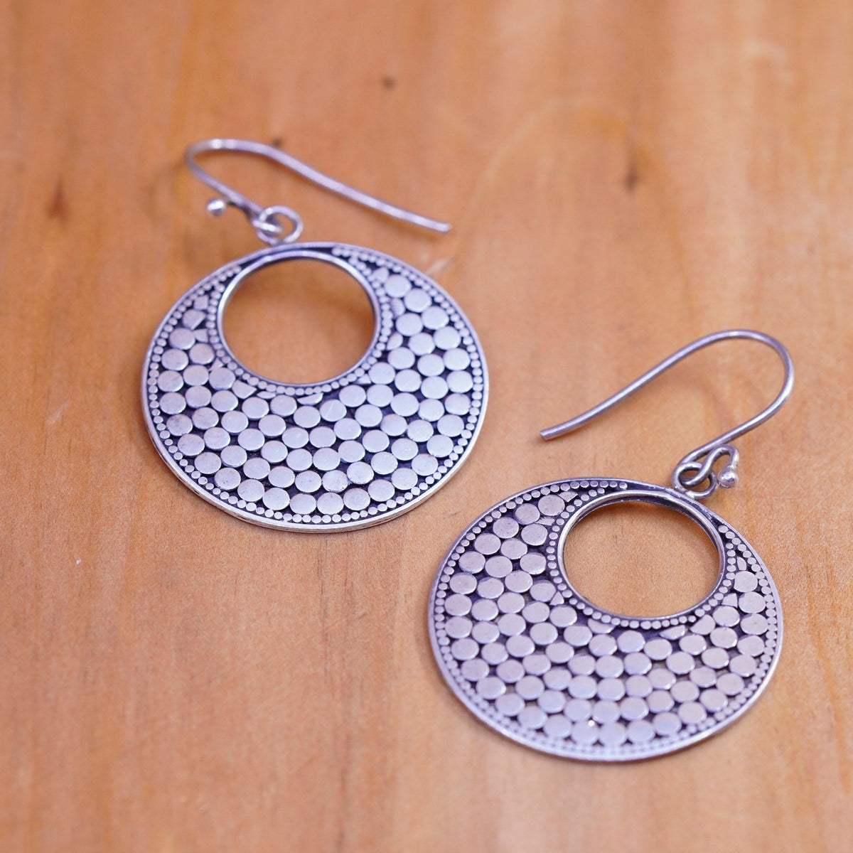 Vintage Sterling silver handmade earrings, 925 bead textured disc