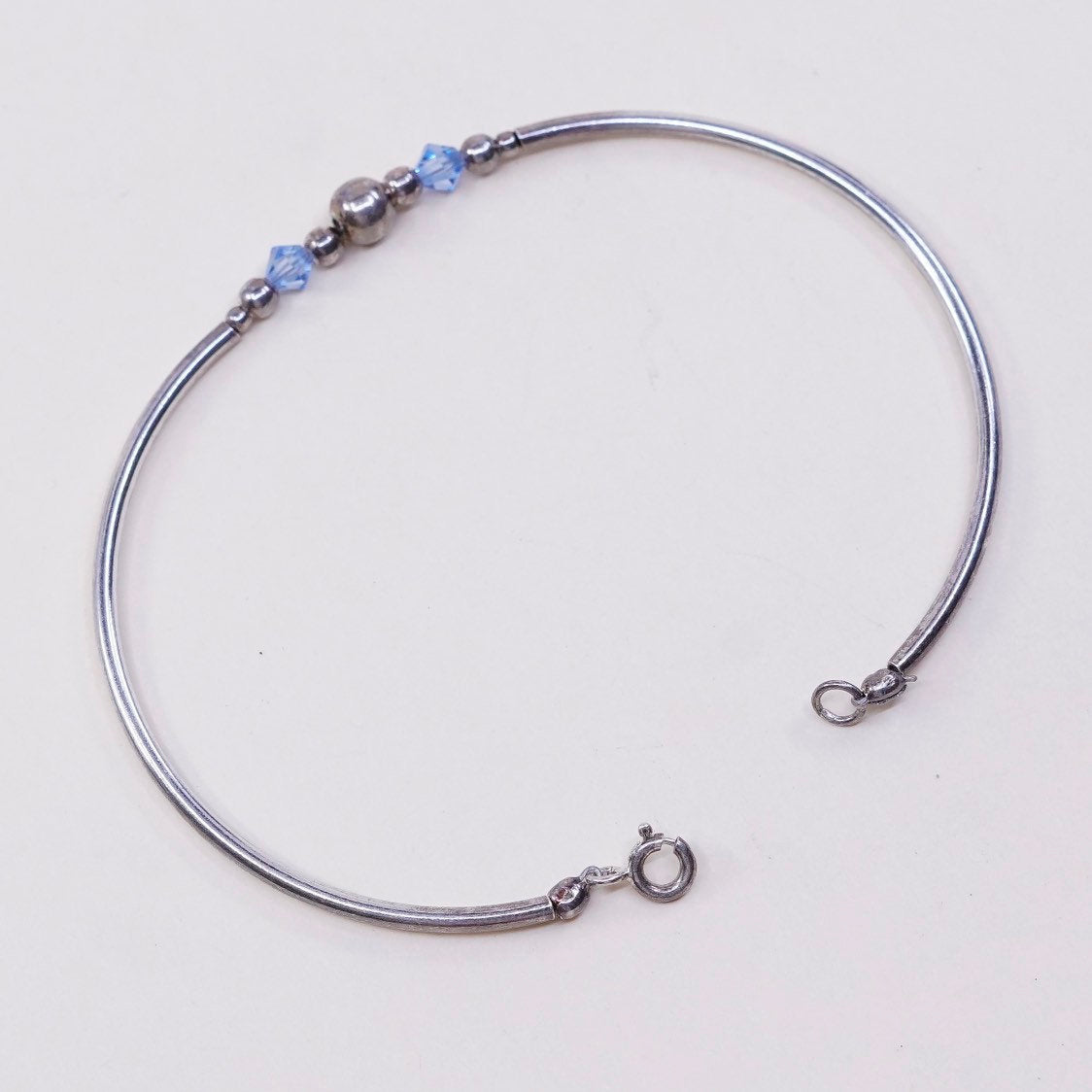 7", VTG sterling silver handmade bracelet, 925 bangle w/ beads N blue crystal