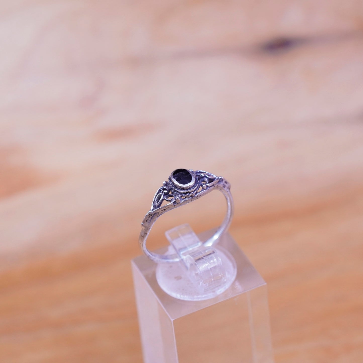 sz 6.75, vintage filigree Sterling 925 silver handmade ring with oval obsidian