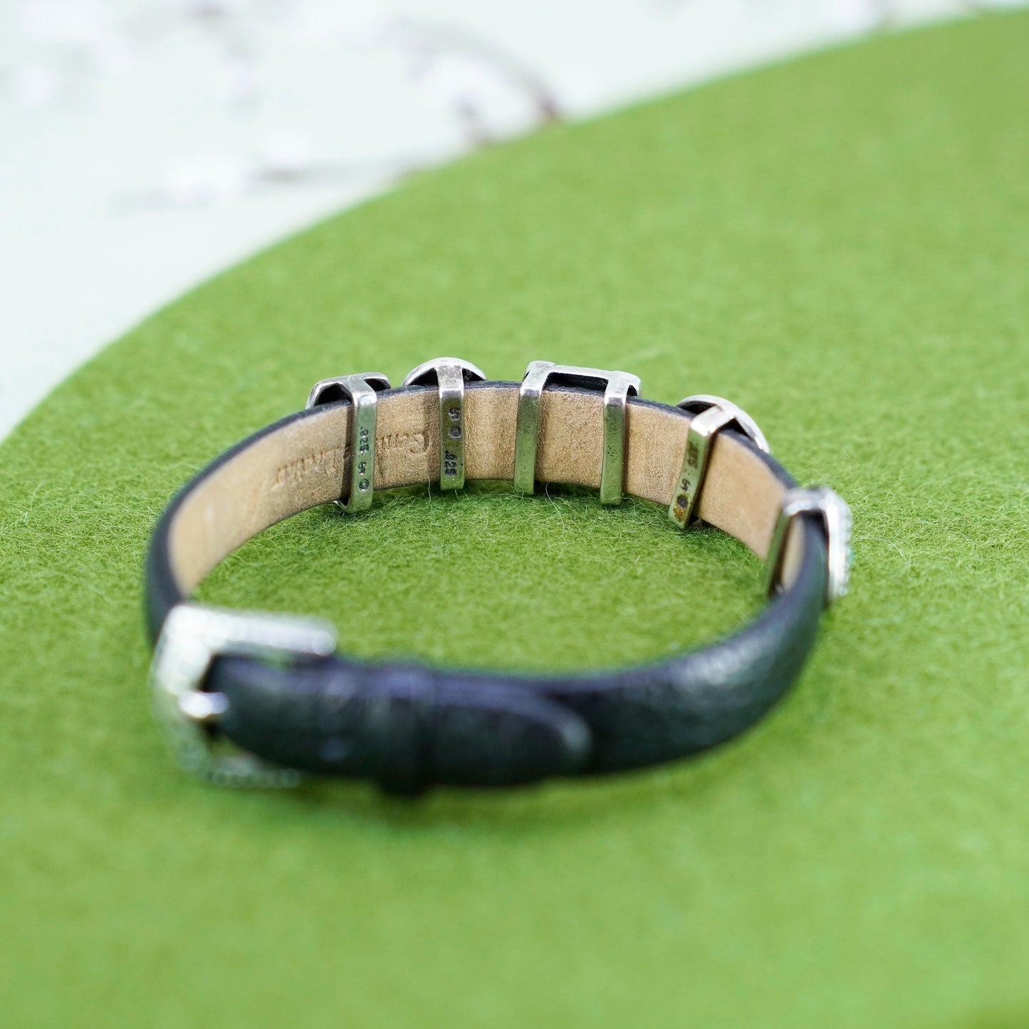 6”, vtg prerogatives black leather bracelet, sterling 925 silver charms clasp