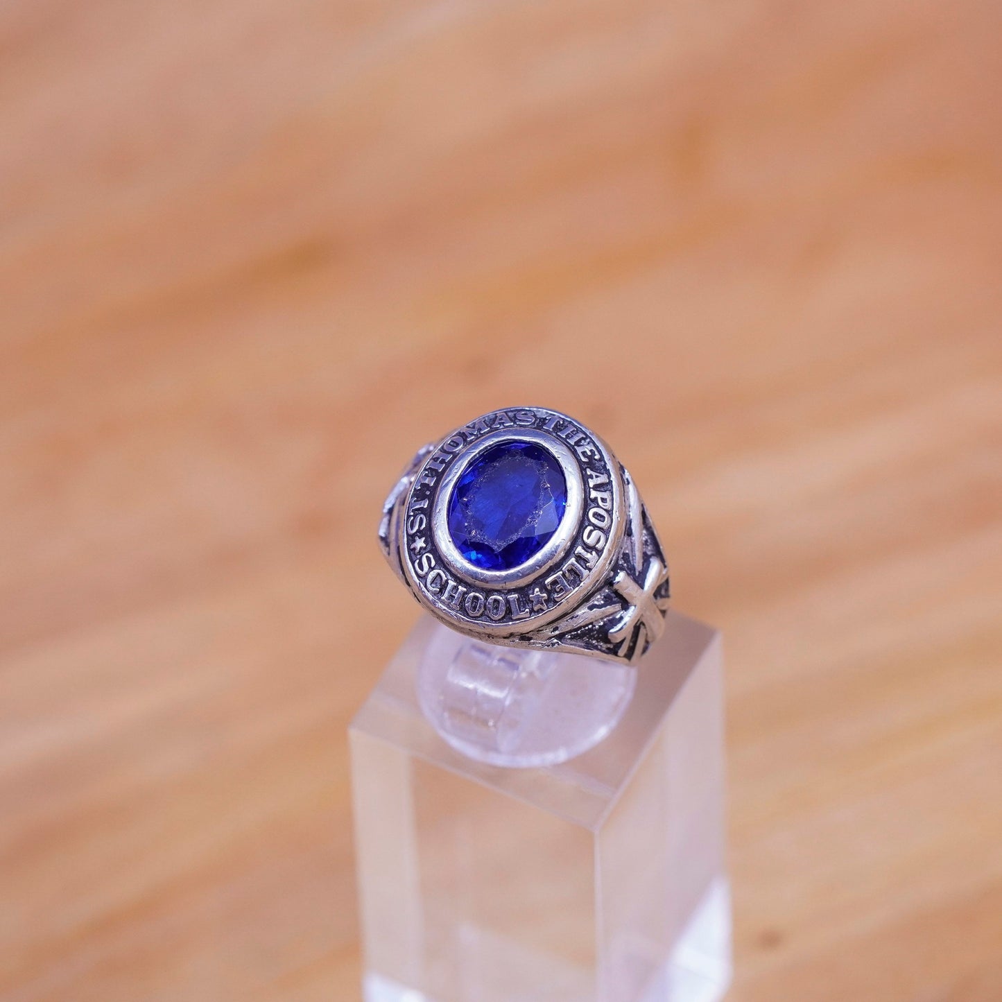Size 7, vintage Sterling 925 silver handmade ring with sapphire and name Thomas