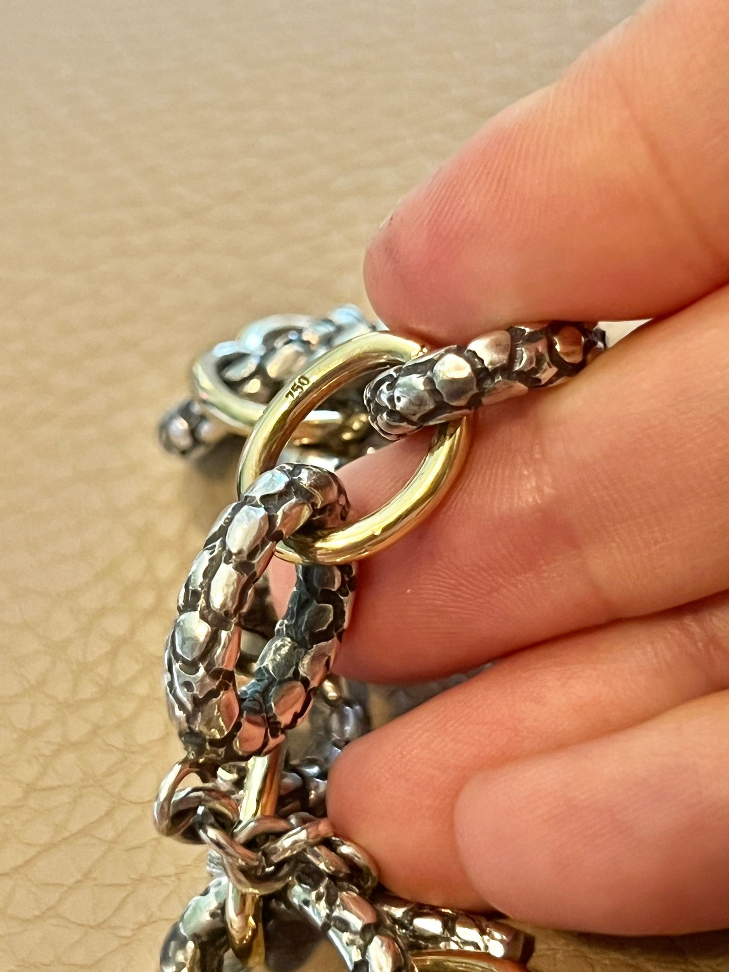 18”, RARE Sterling 925 silver pebble textured oval necklace 750 18K yellow gold
