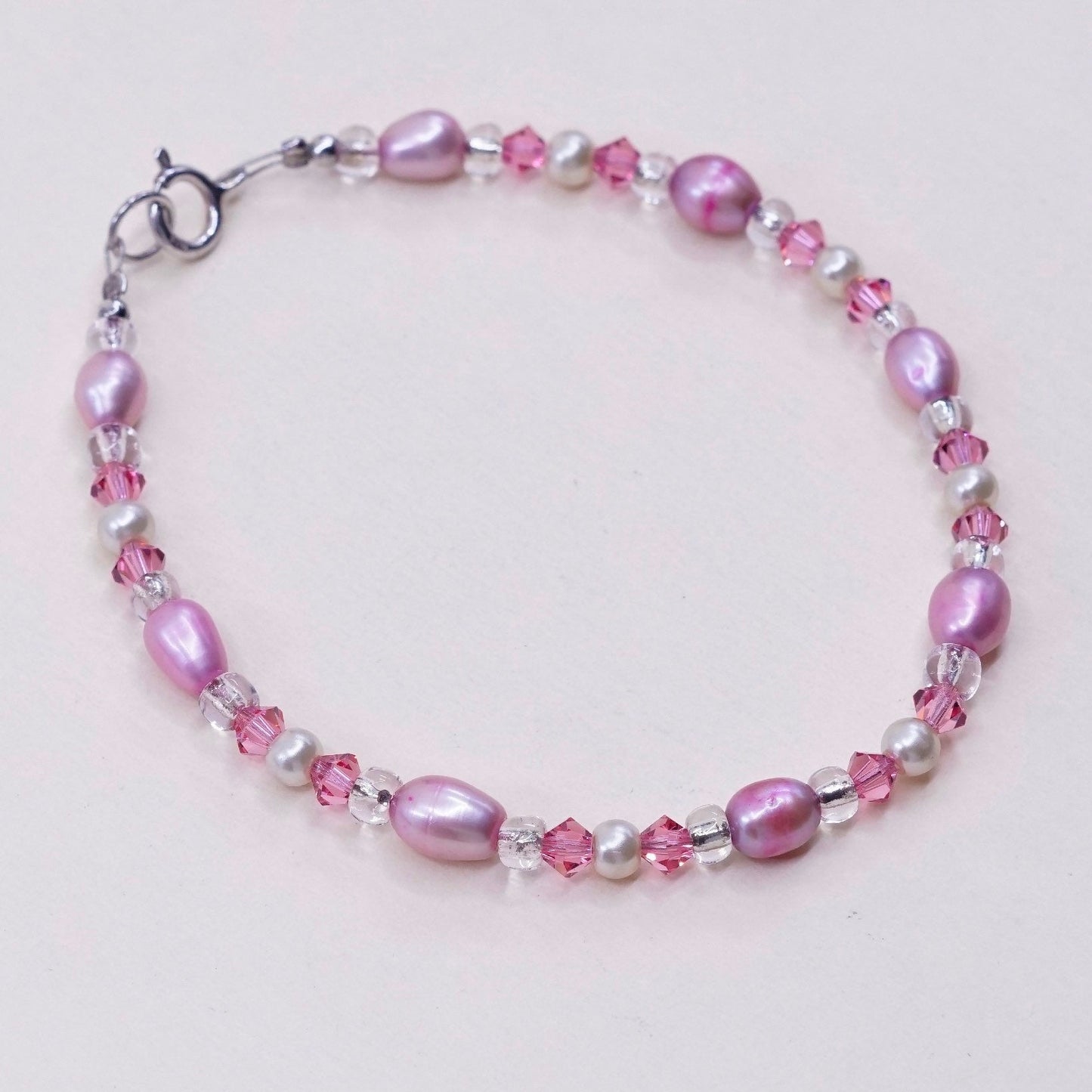7.5”, Vintage handmade bracelet, pink pearl and crystal with 925 silver clasp