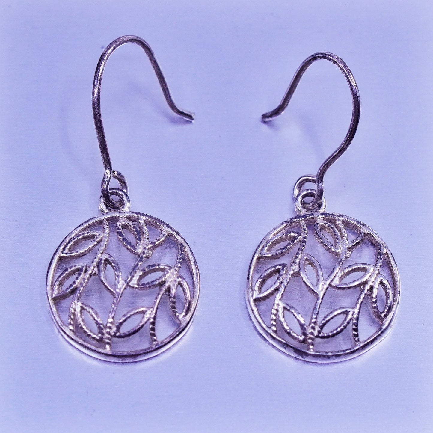 vintage Sterling silver handmade earrings, 925 circle dangles with leaves